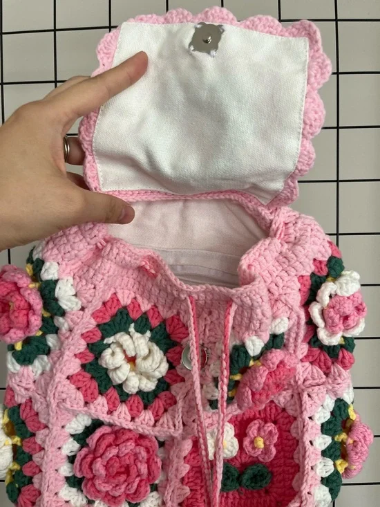 Pink Crochet Floral Backpack with 3D Roses - Picture 2 of 5